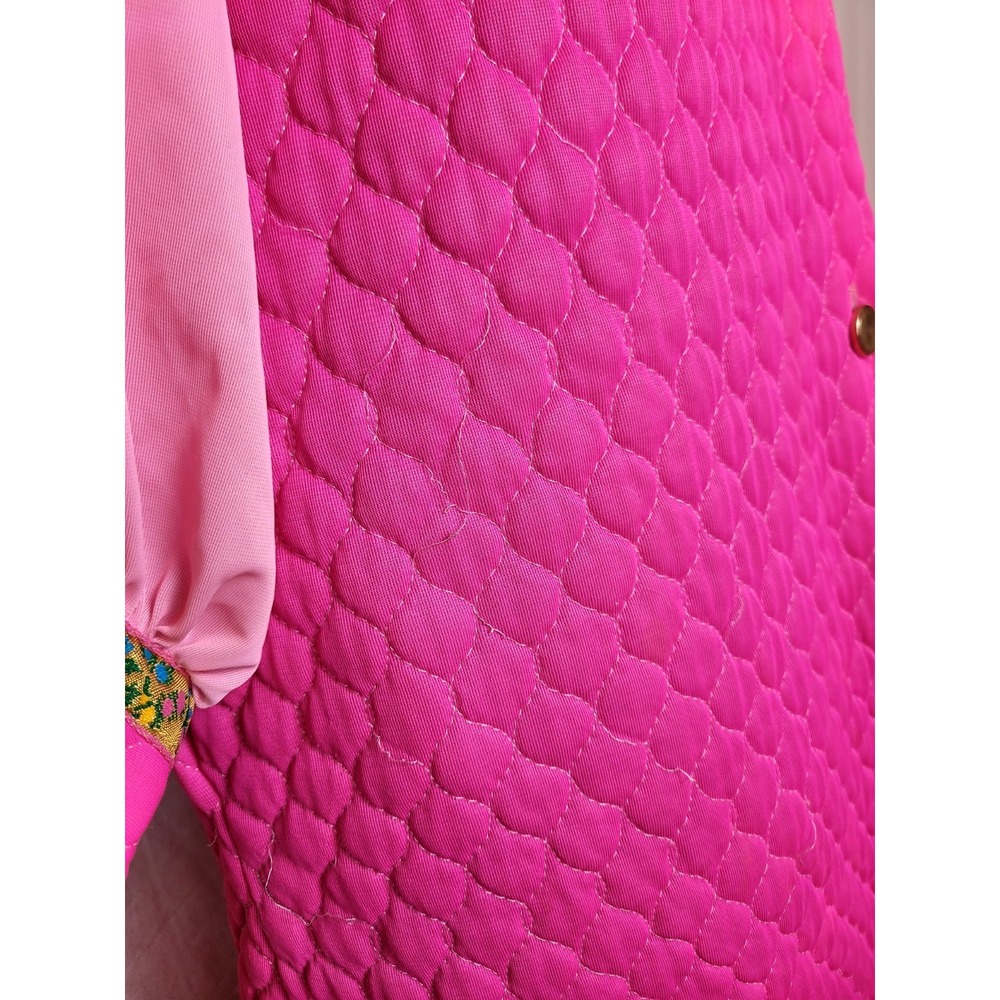 Vintage 60's Quilted Robe Gold Floral Trim Flowy Sleeve Hot Pink Maxi Mod M - Picture 5 of 16